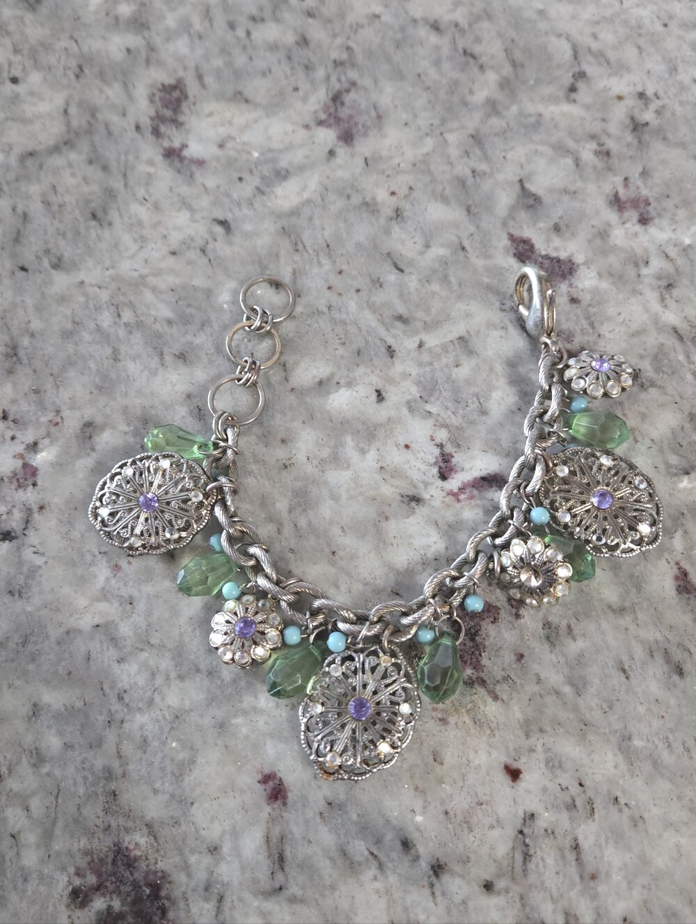 Silver Floral Charm Bracelet with Green and Turquoise Accents